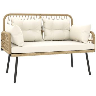 Canapé de jardin 2 places style colonial 5 coussins beige résine tressée aspect rotin - 1