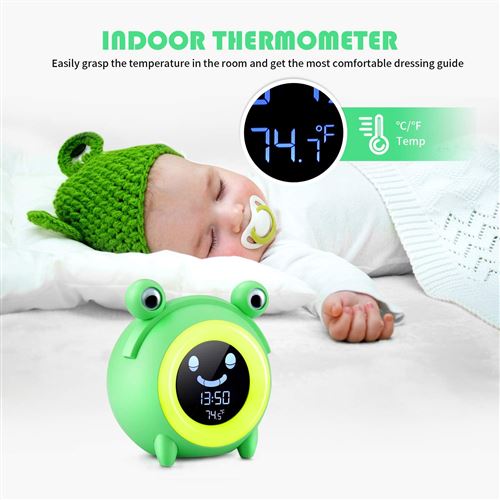 Réveil enfant veilleuse bébé rappel de musique affichage de l'heure et  température intérieure, vert - Radio-réveil
