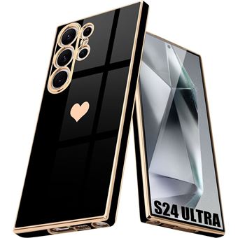 Coque Silicone pour Samsung Galaxy S24 Ultra, Antichoc Motif Cœur Luxe Noir - 1