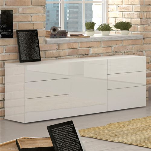 Buffet Salon Porte 6 Tiroirs Blanc Brillant Metis Side