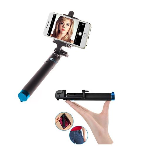 Perche Selfie Metal pour MOTOROLA Moto G4 Plus Smartphone avec Cable Jack Selfie Stick Android IOS Reglable Bouton Photo (BLEU)