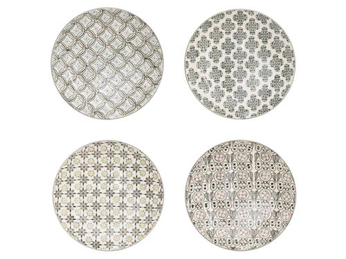 Assiette à dessert en céramique motif ethnique D20cm gris - Coffret de 4 SANTIAGO