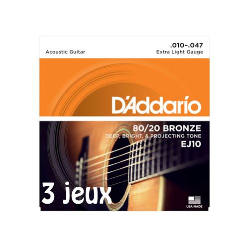 Daddario Bronze D'addario Ej10-3D Extra Light, 10-47, 3 Jeux - Jeu Guitare Acoustique