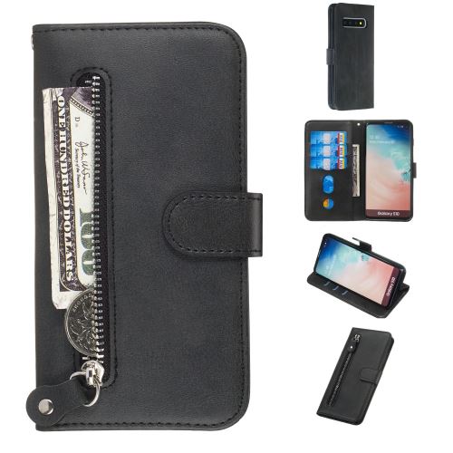Etui en PU poche à fermeture éclair magnétique avec support noir pour votre Samsung Galaxy S10