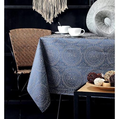 Nappe décorative Kolam, Imprimé Mandala, Toucher relief, 140x240cm, Gris-bleu, 100% Polyester de qualité, Lavable en machine