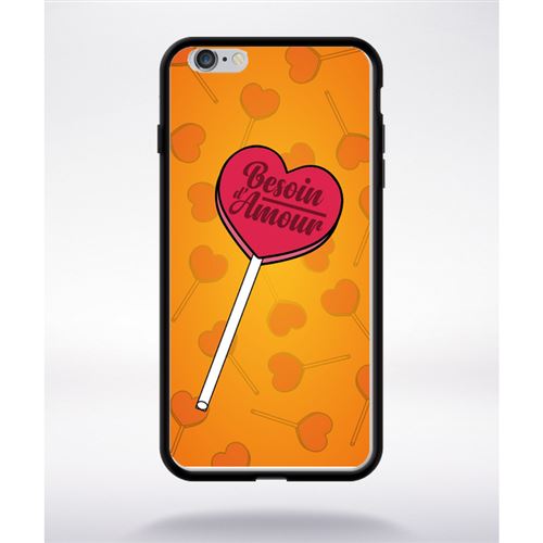 Coque Besoin Damour Fond Orange Compatible Apple Iphone 6 Plus Bord Noir Silicone