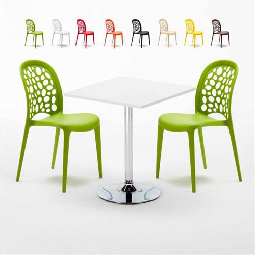 Table Carrée Blanche 70x70cm Avec 2 Chaises Colorées Set Intérieur Bar Café Weddin Cocktail, Couleur: Vert
