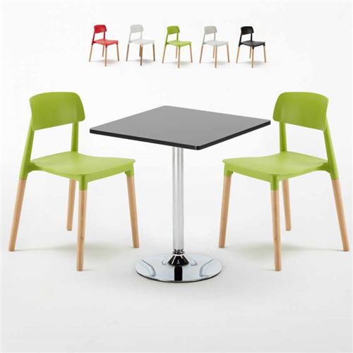 Table Carrée Noire 70x70cm Avec 2 Chaises Colorées Set Intérieur Bar Café Barcellona Mojito, Couleur: Vert
