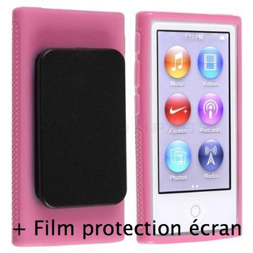 Housse étui coque silicone rose avec clip pour iPod nano 7 7G , Film protection