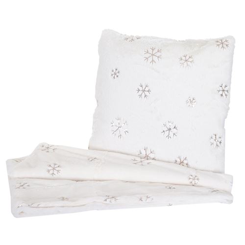 Set couverture + coussin de décoration, neige, duveteux avec bourrage, pailleté