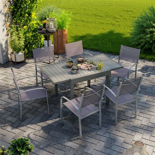 Avril Paris - Table de jardin extensible aluminium 83/145cm + 6 fauteuils empilables textilène gris taupe - MILO
