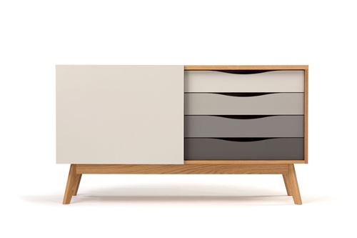 Paris Prix - Buffet 4 Tiroirs & 1 Porte avon 128cm Chêne & Gris