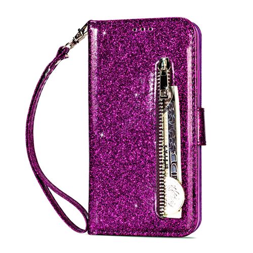 Coque en Cuir Pour Samsung Galaxy S22 Ultra Frusde Brillant Etui avec Dragonne et Porte Carte-Violet