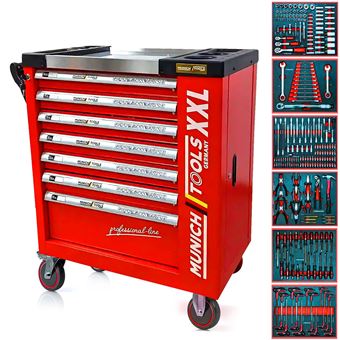 Servante d'Atelier MUNICH TOOLS XXL Cabinet 7/6 Rouge, sur 4 roulettes 7 tiroirs dont 6 outillés - 1 placard Latéral, Clé Dynamo - 1