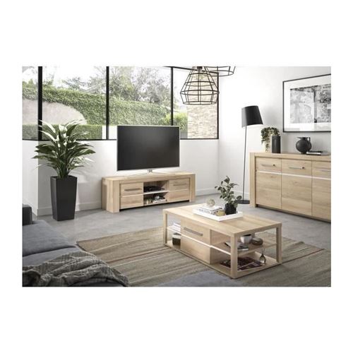GAMI Meuble TV 2 tiroirs - Decor chene - L 160 x P 45 x H 50 cm - Made in France - OLERON