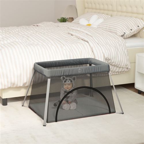 vidaXL Parc pour bébé avec matelas Gris foncé Tissu de lin