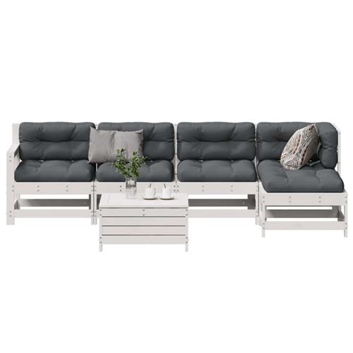 Vidaxl salon de jardin avec coussins 6 pcs blanc bois de pin massif