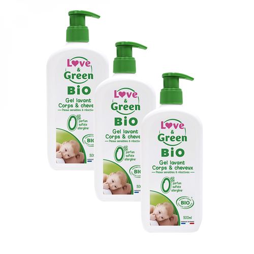 Love and Green - Lot de 3 Gels lavants bébé corps et cheveux - 500ml - Bio