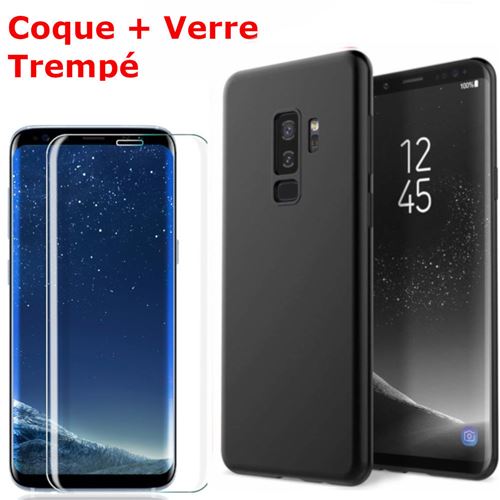 Coque Souple Silicone Pour Samsung Galaxy S9 Plus Noir + Verre Trempé Anti chocs et Rayures Vitre de Protection