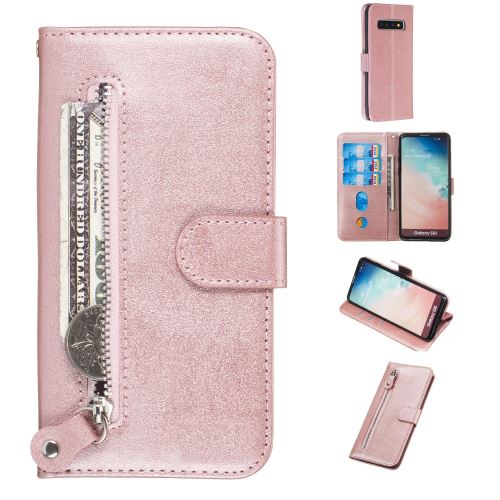 Etui en PU poche à fermeture éclair magnétique avec support or rose pour votre Samsung Galaxy S10