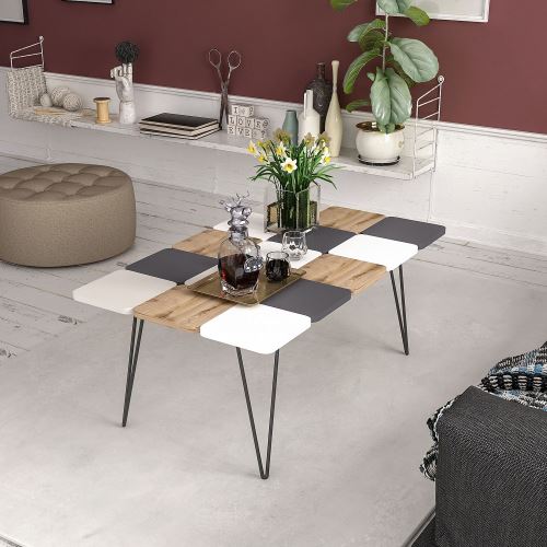 HOMEMANIA Leaf Koffietafel- van woonkamer - Wit, Walnoot, Grijs, Antraciet in hout, 110 x 66 x 40 cm