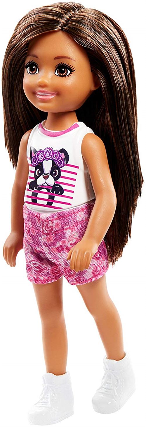 Barbie Famille mini-poupée Chelsea fille avec haut orné d'un motif chien, jouet pour enfant, FRL81