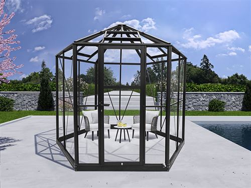 Kiosque de jardin en verre hexagonale 7,2m², 3,04x2,63x2,73m avec socle, Noir