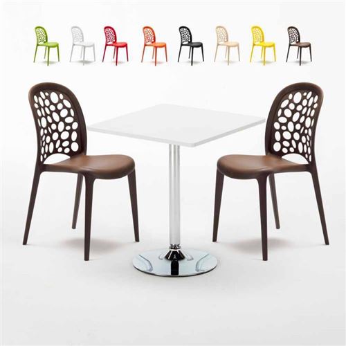 Table Carrée Blanche 70x70cm Avec 2 Chaises Colorées Set Intérieur Bar Café Weddin Cocktail, Couleur: Marron