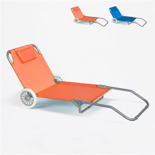 Beach and Garden Design - Lit de plage pliant bain de soleil transat piscine portable roues Banana, Couleur: Orange