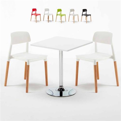 Table Carrée Blanche 70x70cm Avec 2 Chaises Colorées Set Intérieur Bar Café Barcellona Cocktail, Couleur: Blanc