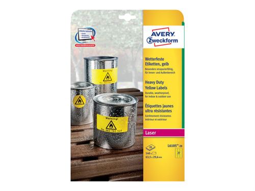 Avery - Etiquette ultra r&eacute;sistante laser 63.5 x 29.6 mm L6105-20 jaune - Pochette de 540