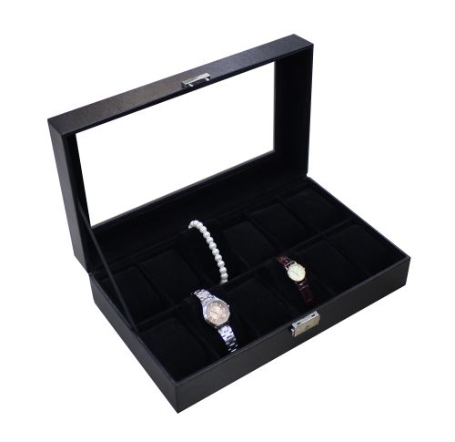 Boite pour Montres et Bracelets, Coffret à Montres, 12 montres et vitre, Noir, Dimensions: 30 x 20 x 8 cm