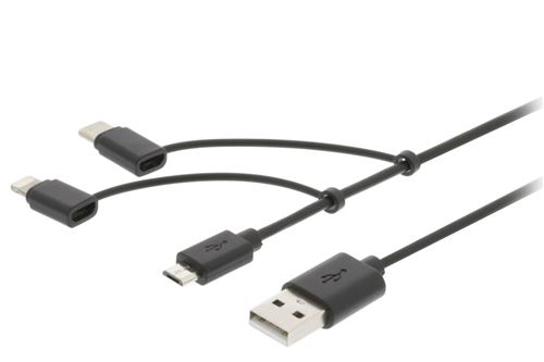 Valueline VLMP60620B1.00 Câble de données et de charge 3-en-1 Usb A mâle - Micro-b mâle 1 M noir Adaptateur de type-c / adaptateur Lightning noir