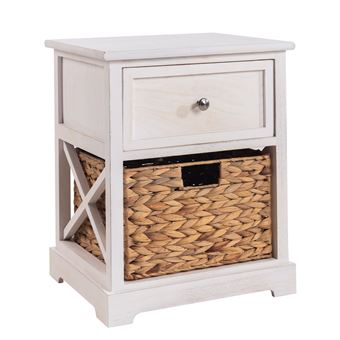 Table de chevet CHEYENNE petite commode de nuit avec 1 tiroir et 1 panier tressé en bois de paulownia blanc style maison de campagne - 1