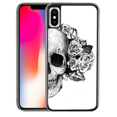 Coque pour iPhone XS skull head roses noir blanc