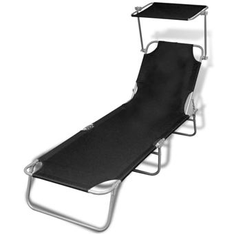 Vidaxl Chaise Longue Pliable Avec Auvent Acier Et Tissu Noir