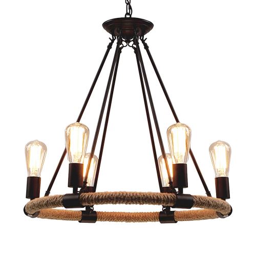 Vintage Lampe Suspension Style Country Américain Corde Tissée Plafonnier Pendentif Lustre Douille 6 Têtes de Lampe