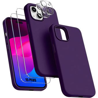 Coque pour iPhone 15 Plus - Silicone Violet Foncé + 2 Verres Trempés et 2 Vitres Caméra Arrière - BOOLING - 1