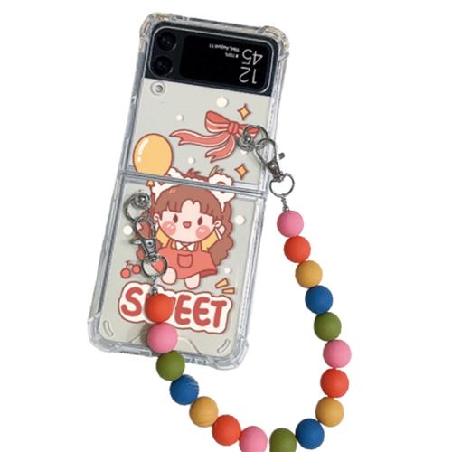 Coque pour Samsung Z Flip 3 avec Lanière Perle Frusde Design Antidérapant Transparent - Rose