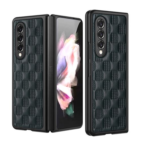 Coque Z Fold 3 Samsung en Cuir PU Etui Frusde Pliable et Treillis Carré Antichoc - Vert