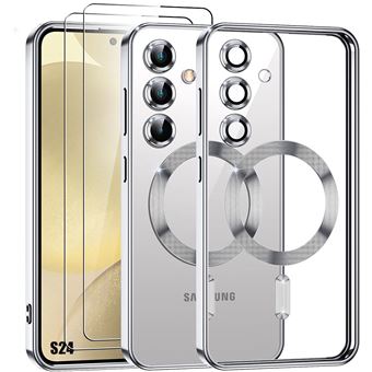 Coque + 2 Verres Trempés pour Samsung Galaxy S24 - Protection avec Cercle Magnétique et Film Caméra - Argenté - BOOLING - 1
