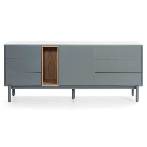 Buffet 1 porte 6 tiroirs Laque Gris/Bois - TEULAT CORVO