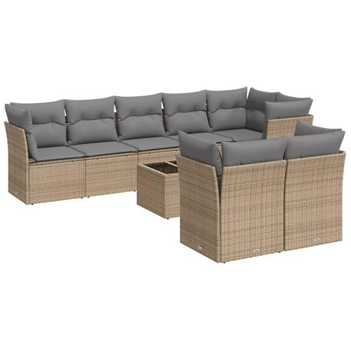  Salon de jardin vidaXL avec coussins 9 pcs beige r&eacute;sine tress&eacute;e