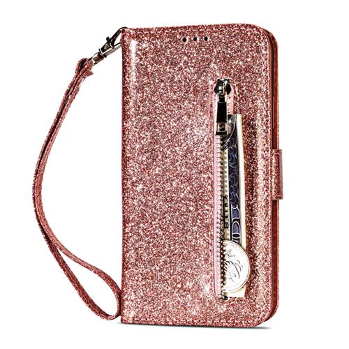 Coque en Cuir Pour Samsung Galaxy S22 Ultra Frusde Brillant Etui avec Dragonne et Porte Carte-Rose Or
