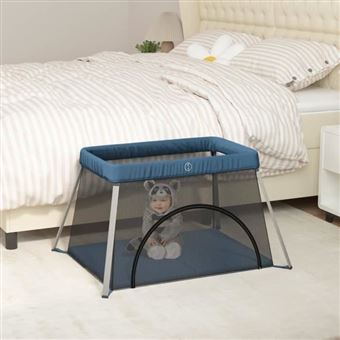vidaXL Parc pour bébé avec matelas Bleu marine Tissu de lin 10304 - 1