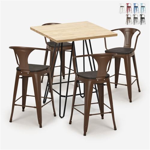 Ensemble 4 Tabourets Tolix Table Bois Métal 60x60cm Industriel Mason Wood, Couleur: Marron