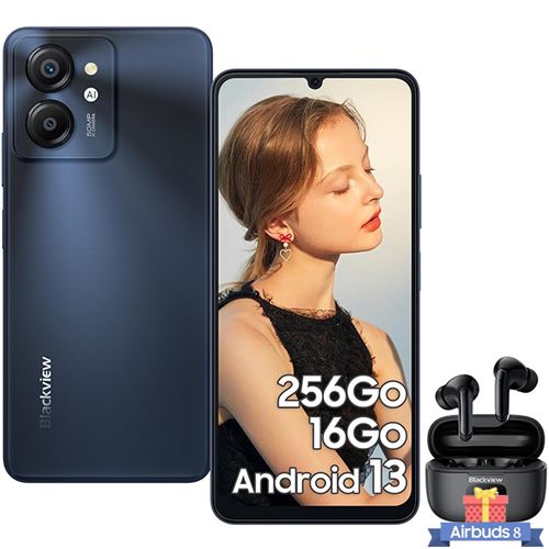 Blackview COLOR 8 Smartphone Débloqué 16 Go+256 Go 6.52 50MP+8MP 6000mAh Android 13 Gris avec Écouteurs Bluetooth AirBUDS 8