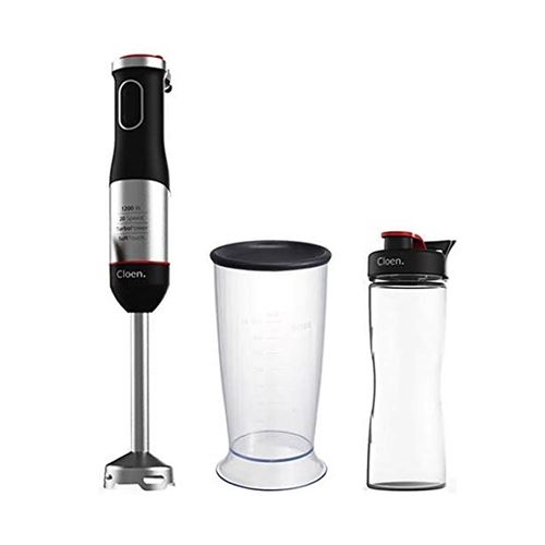 Pied mixeur 1200W + verre et bouteille, lames noires en titane, 20 vitesses