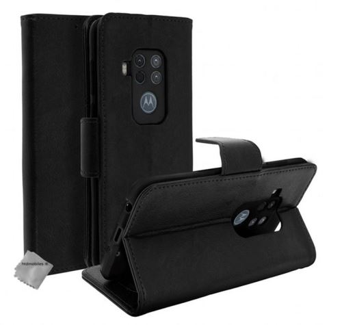 Housse portefeuille avec coque intérieure en silicone pour Motorola One Zoom - verre trempe inclus - NOIR / NOIR