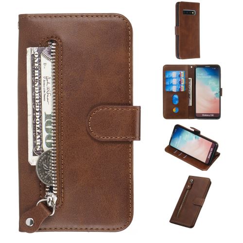 Etui en PU poche à fermeture éclair magnétique avec support marron pour votre Samsung Galaxy S10